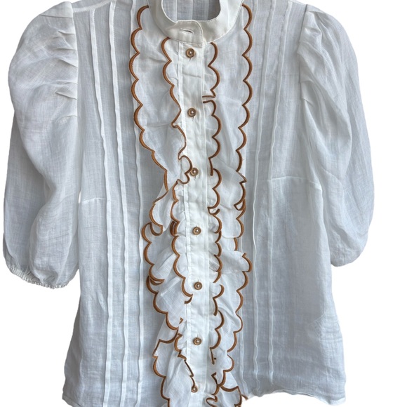 Zimmermann White Blouse Ruffle and Brown Embroidered Trim, Size 0 XS - Picture 2 of 11